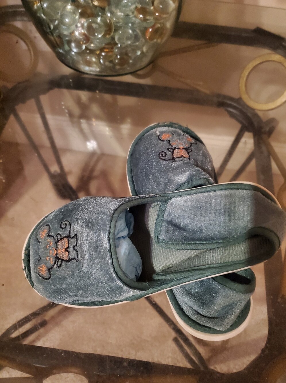 Kids Teal Velour Slip-On Shoes with Mouse Embroidery